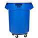 A blue Rubbermaid trash can with wheels.