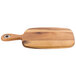 A Tablecraft acacia wood bread board with a handle.