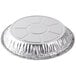 A close-up of a round silver D&W Fine Pack aluminum foil pie pan with a lid.