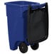 A blue Rubbermaid commercial trash can with black wheels and a lid.