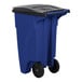 A blue Rubbermaid commercial trash can with black wheels and a black lid.