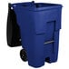 A blue Rubbermaid rectangular plastic bin with wheels and black handles.