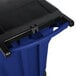 A blue Rubbermaid wheeled rectangular trash can with a black lid.