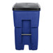 A blue Rubbermaid rectangular wheeled trash can with a black lid.