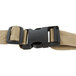 A tan utility truck strap with a black plastic buckle.