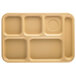A tan rectangular tray with six square compartments.
