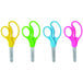 A group of colorful Westcott kids scissors with yellow, pink, blue, and green handles.