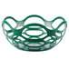 A green plastic open weave basket with a handle.