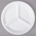 A white Elite Global Solutions round melamine plate with three sections.