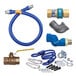 A blue Dormont gas connector kit with a hose and fittings.