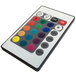 A remote control with multicolored buttons.