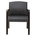 A black leather Alera reception arm chair with wooden legs.