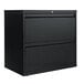 A black Alera metal lateral file cabinet with two drawers.