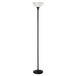A black floor lamp with a tall black pole and a white frosted shade.