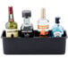 A black rack holding bottles of alcohol on a counter.
