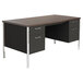 A walnut and black double pedestal steel desk with two drawers.