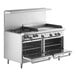 A large stainless steel Garland range with two ovens and a griddle over four burners.