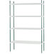 A white shelving unit with green metal rods.