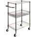 A black metal Alera wire cart with three shelves on wheels.