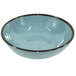 A blue bowl with a black rim.