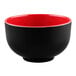 A white Elite Global Solutions melamine bowl with a black and red round two-tone design.