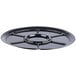 A black round Fineline disposable plastic catering tray with seven compartments.