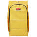 A yellow Rubbermaid bag with a black zipper and label with a logo.