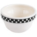 A creamy white bowl with a black checkered design.