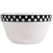 A white Homer Laughlin bouillon cup with black and white checkered trim.