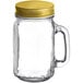 An Acopa clear glass Mason jar with a handle and a gold metal lid.