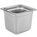 A silver stainless steel Choice 1/6 size steam table pan with a square top.