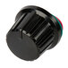 A black plastic knob with red and green accents.