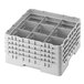 A soft gray plastic Cambro glass rack with compartments and extenders.