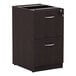 An Alera Valencia espresso full pedestal file cabinet with two drawers and a key.