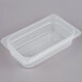 A translucent clear plastic Cambro food pan.
