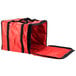 A red American Metalcraft pizza delivery bag with black straps and a zipper.