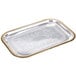 A silver rectangular metal catering tray with gold trim.
