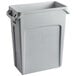 A Rubbermaid gray plastic Slim Jim trash can with a lid.