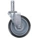 A close-up of a grey Regency polyurethane shelving stem caster wheel with a metal post.