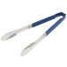 A pair of Vollrath stainless steel tongs with blue Kool Touch handles.