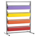 A Bulman metal tower rack with multi colored paper rolls on it.