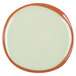 A close-up of a white Libbey Terracotta plate with a green rim.