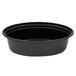 A black Pactiv oval plastic take-out container with a black lid.