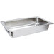 A Sterno stainless steel rectangular chafing dish with a lid and pans on a counter.
