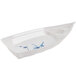 A white boat shaped dish with blue bamboo designs.