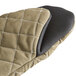 A pair of San Jamar Best Grip puppet style oven mitts in black and tan.