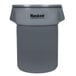 A gray Continental Huskee 55 gallon round trash can with black text on it.