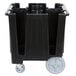 A black plastic Cambro dish cart with wheels and 5 columns.