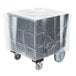 A black plastic Cambro dish caddy on wheels with a vinyl cover.