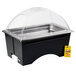 A black Sterno ChalkBoard fold-away chafing dish with a clear lid.